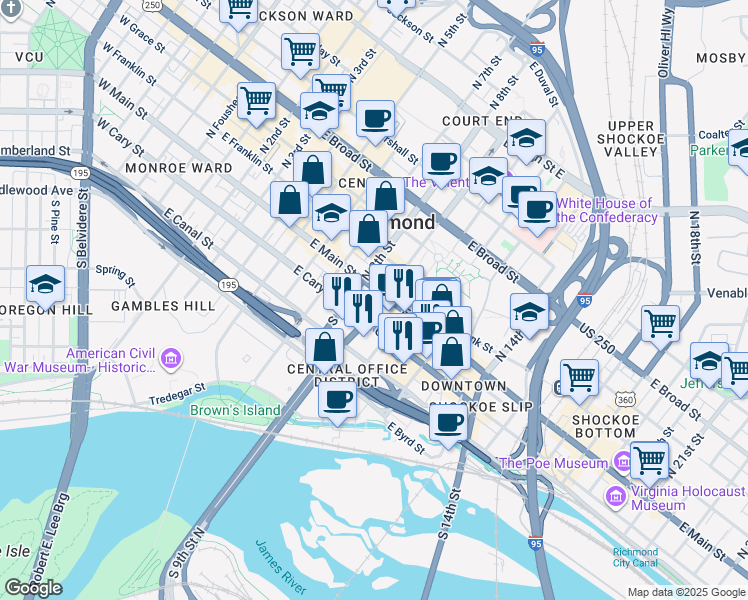 map of restaurants, bars, coffee shops, grocery stores, and more near 823 East Main Street in Richmond