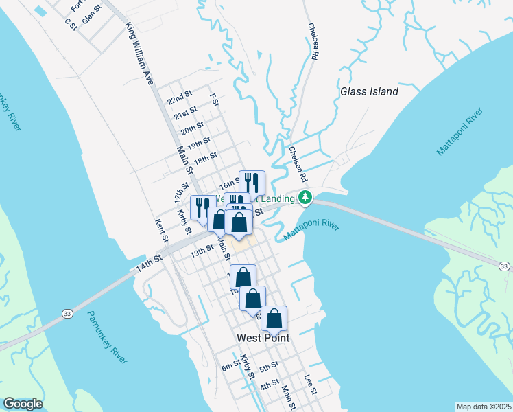 map of restaurants, bars, coffee shops, grocery stores, and more near 1302 Lee Street in West Point