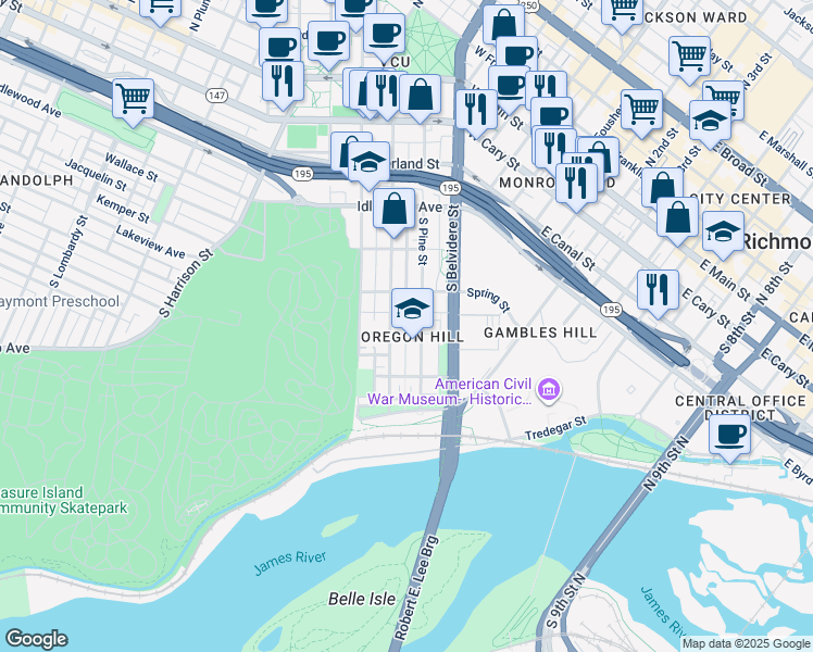 map of restaurants, bars, coffee shops, grocery stores, and more near 712 China St in Richmond