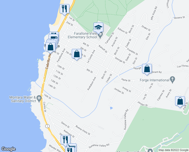 map of restaurants, bars, coffee shops, grocery stores, and more near 1400 Audubon Avenue in Montara