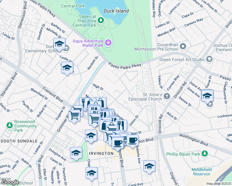 map of restaurants, bars, coffee shops, grocery stores, and more near 40484 Chapel Way in Fremont