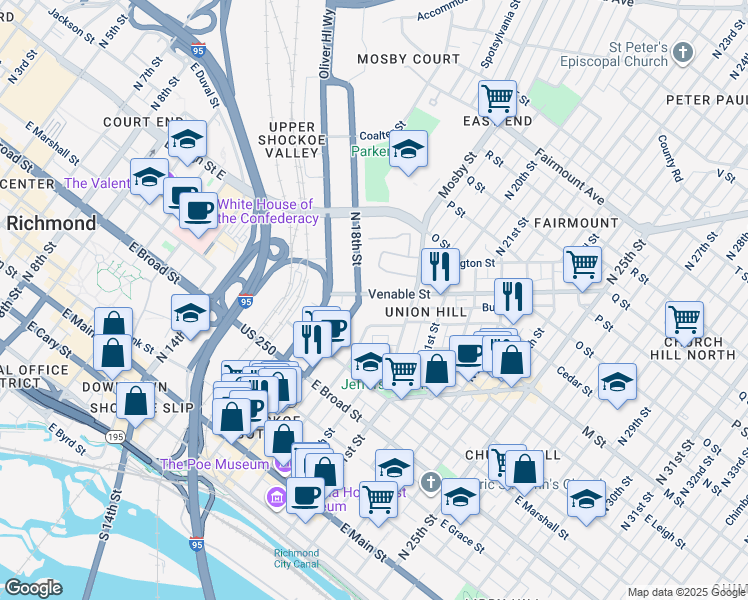 map of restaurants, bars, coffee shops, grocery stores, and more near 1900 Cedar Street in Richmond