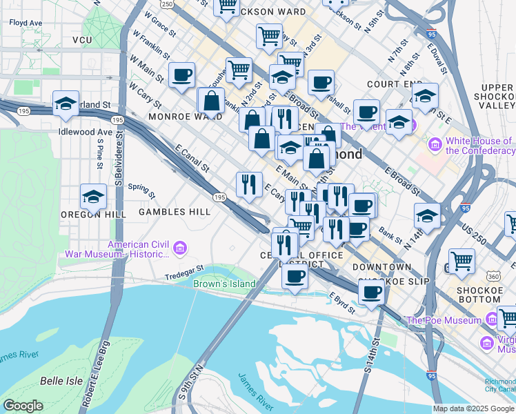 map of restaurants, bars, coffee shops, grocery stores, and more near Downtown Expressway in Richmond
