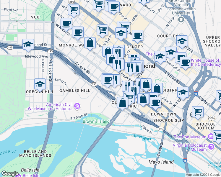map of restaurants, bars, coffee shops, grocery stores, and more near 600 East Canal Street in Richmond