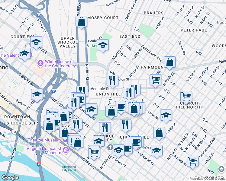 map of restaurants, bars, coffee shops, grocery stores, and more near 2025 Venable Street in Richmond