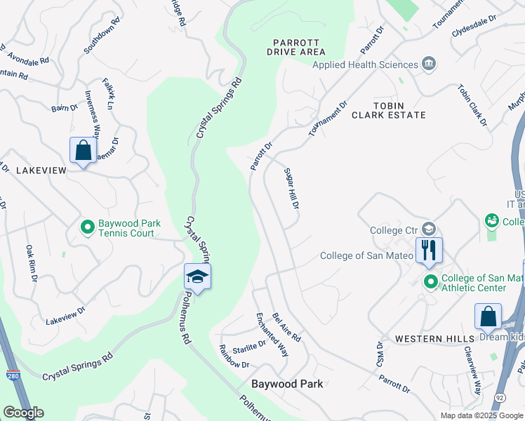 map of restaurants, bars, coffee shops, grocery stores, and more near 1136 Parrott Drive in San Mateo