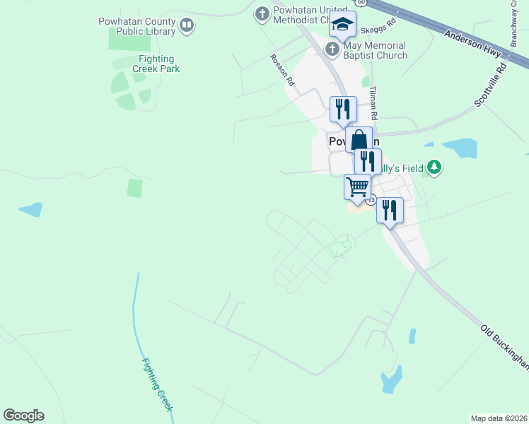 map of restaurants, bars, coffee shops, grocery stores, and more near 2093 Maxey Store Place in Powhatan