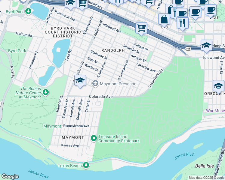 map of restaurants, bars, coffee shops, grocery stores, and more near 1118 South Lombardy Street in Richmond