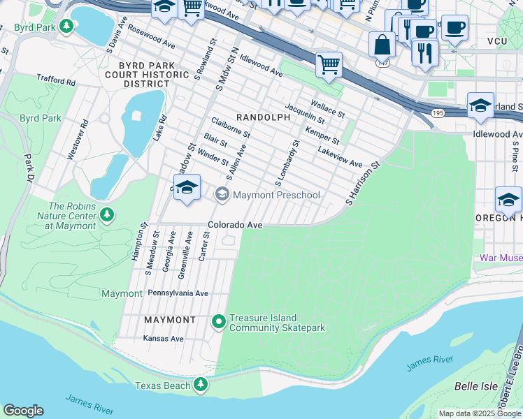map of restaurants, bars, coffee shops, grocery stores, and more near 1118 South Lombardy Street in Richmond