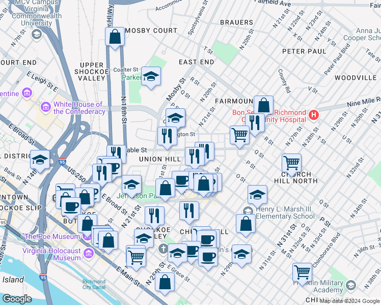 map of restaurants, bars, coffee shops, grocery stores, and more near 2209 Venable Street in Richmond