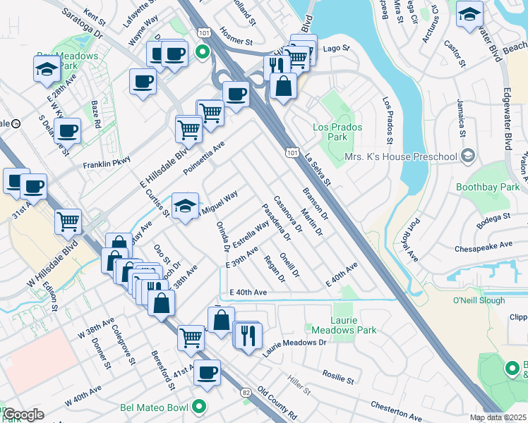 map of restaurants, bars, coffee shops, grocery stores, and more near 3726 Pasadena Drive in San Mateo