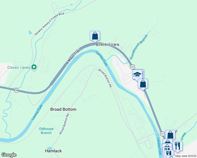 map of restaurants, bars, coffee shops, grocery stores, and more near 1055 Broad Bottom Road in Pikeville