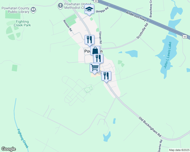 map of restaurants, bars, coffee shops, grocery stores, and more near 3841 Old Buckingham Road in Powhatan