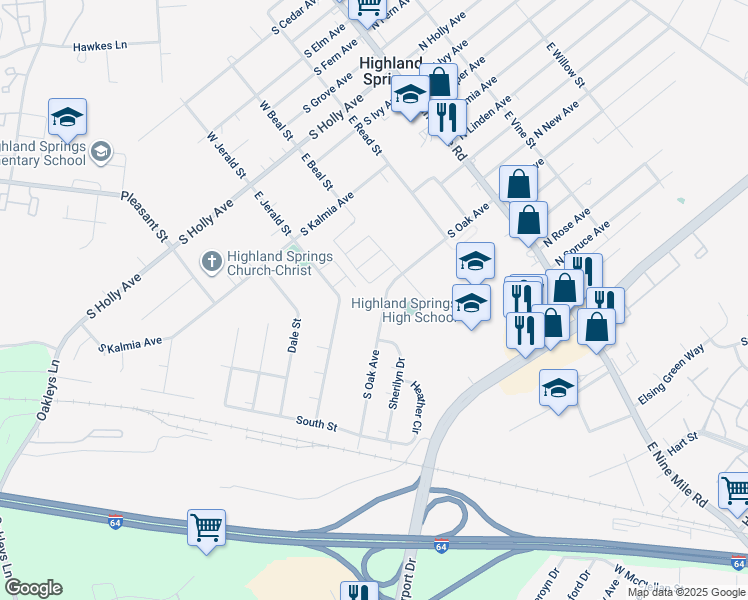 map of restaurants, bars, coffee shops, grocery stores, and more near 400 South Oak Avenue in Highland Springs