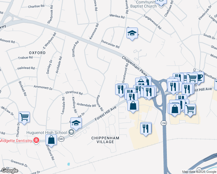 map of restaurants, bars, coffee shops, grocery stores, and more near 2716 Grantwood Road in Richmond