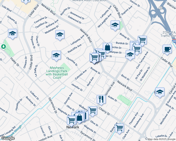 map of restaurants, bars, coffee shops, grocery stores, and more near 6234 Zulmida Avenue in Newark