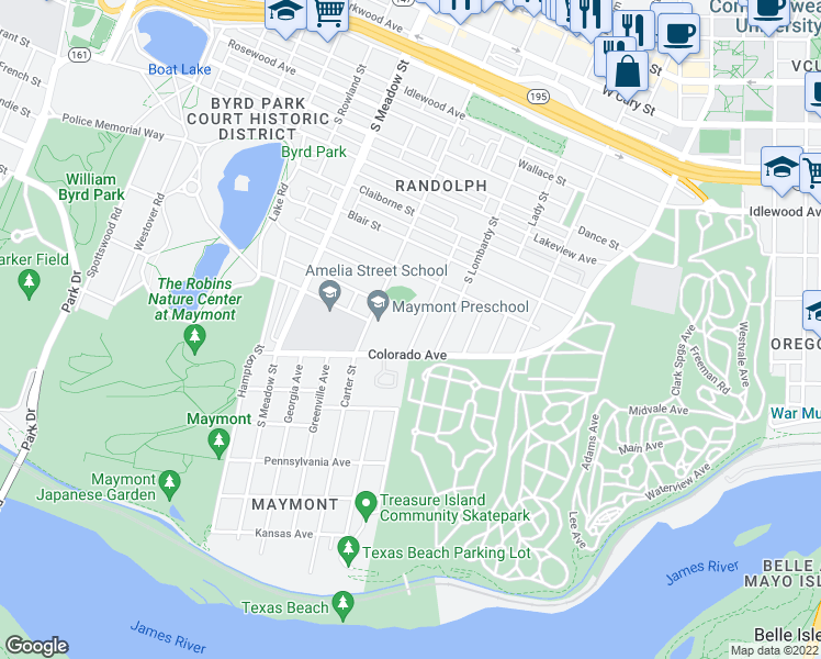 map of restaurants, bars, coffee shops, grocery stores, and more near 1140 Sumpter Street in Richmond