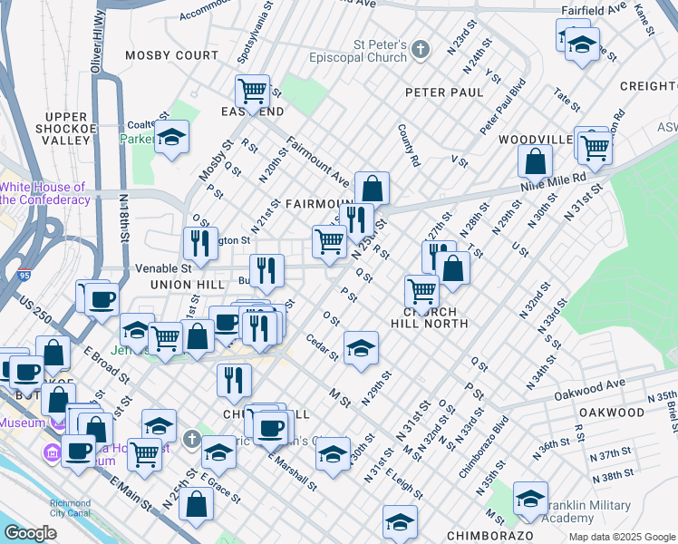 map of restaurants, bars, coffee shops, grocery stores, and more near 916 North 25th Street in Richmond