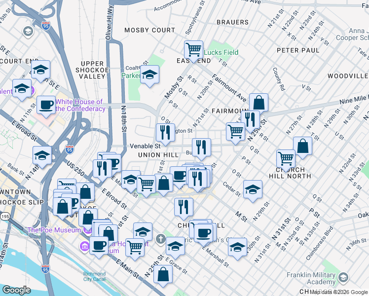map of restaurants, bars, coffee shops, grocery stores, and more near 2200 Cedar Street in Richmond