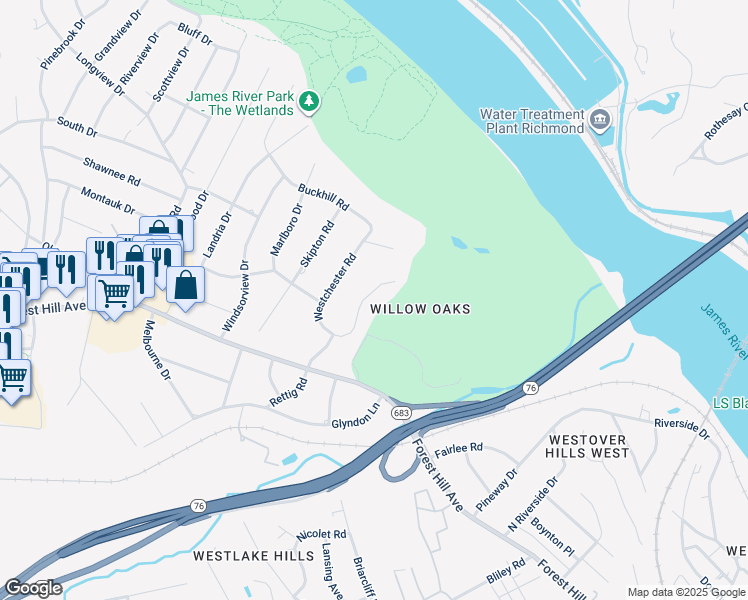 map of restaurants, bars, coffee shops, grocery stores, and more near 2861 Braidwood Road in Richmond