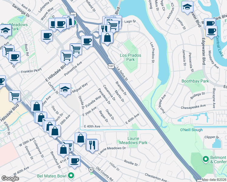map of restaurants, bars, coffee shops, grocery stores, and more near 3905 Casanova Drive in San Mateo