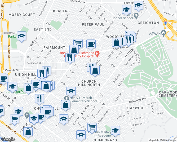 map of restaurants, bars, coffee shops, grocery stores, and more near 1126 North 28th Street in Richmond