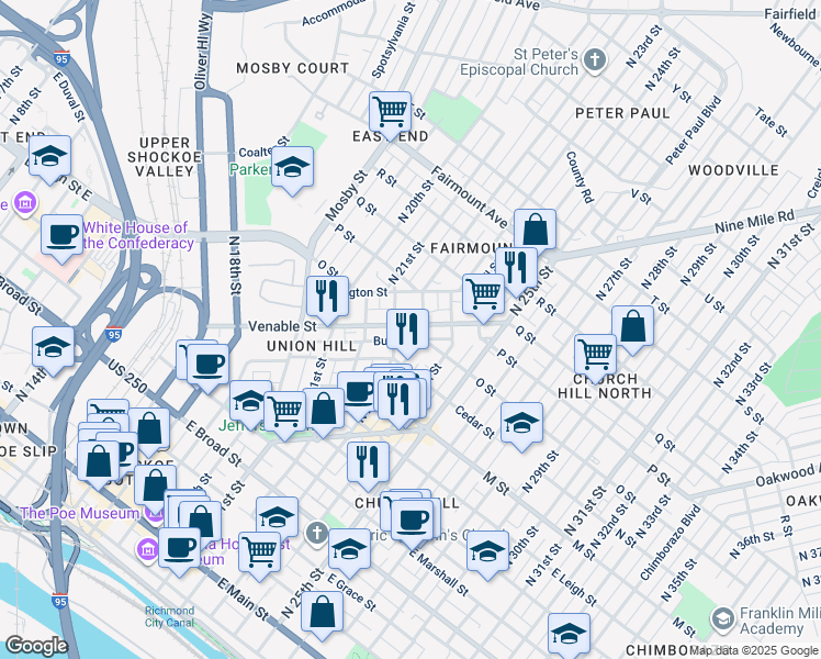 map of restaurants, bars, coffee shops, grocery stores, and more near 809 Jessamine Street in Richmond
