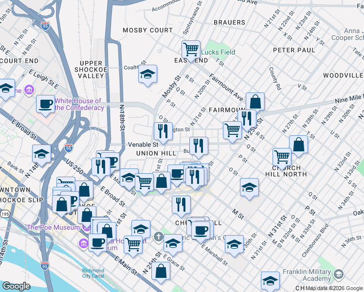 map of restaurants, bars, coffee shops, grocery stores, and more near 2200 Cedar Street in Richmond