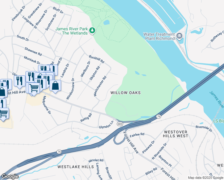 map of restaurants, bars, coffee shops, grocery stores, and more near 2861 Braidwood Road in Richmond