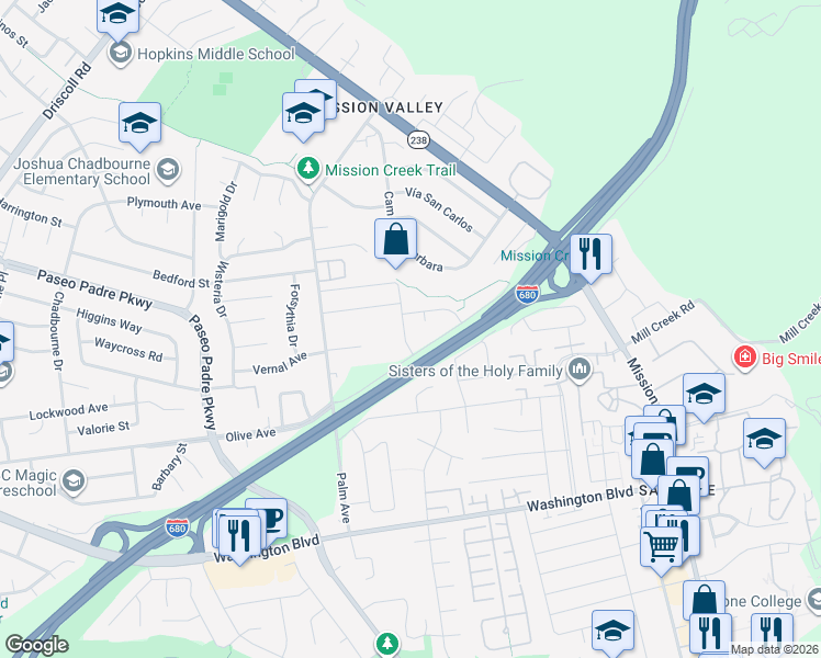 map of restaurants, bars, coffee shops, grocery stores, and more near 42428 Areca Palm Street in Fremont