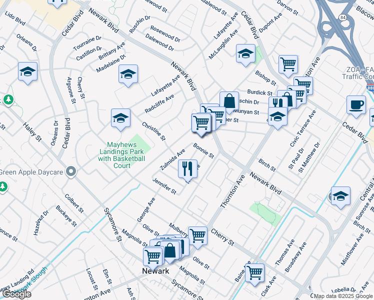 map of restaurants, bars, coffee shops, grocery stores, and more near 6234 Zulmida Avenue in Newark