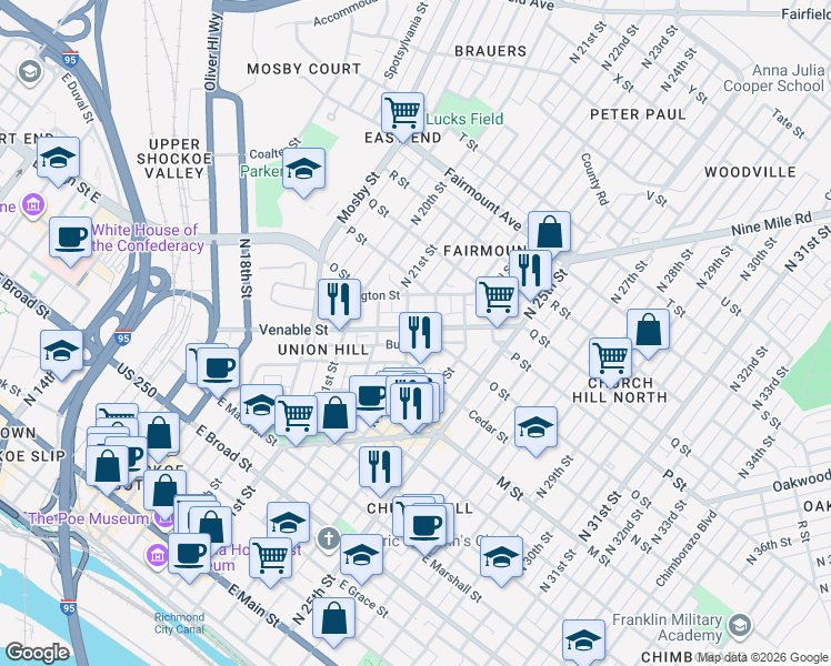 map of restaurants, bars, coffee shops, grocery stores, and more near 809 Jessamine Street in Richmond