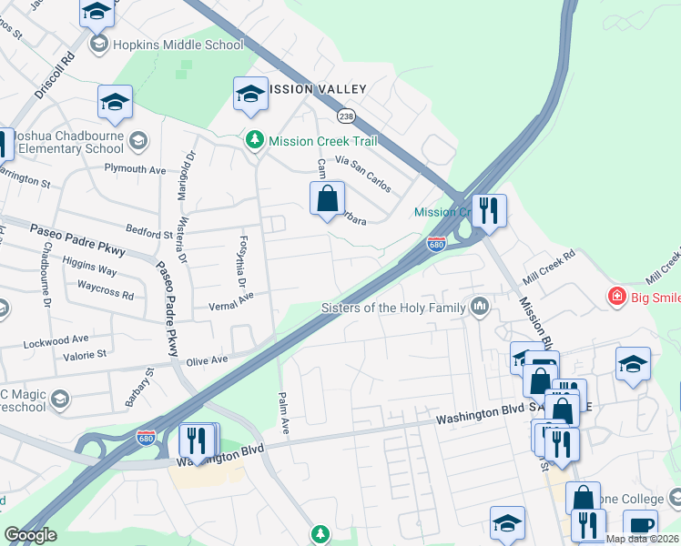 map of restaurants, bars, coffee shops, grocery stores, and more near 42428 Areca Palm Street in Fremont