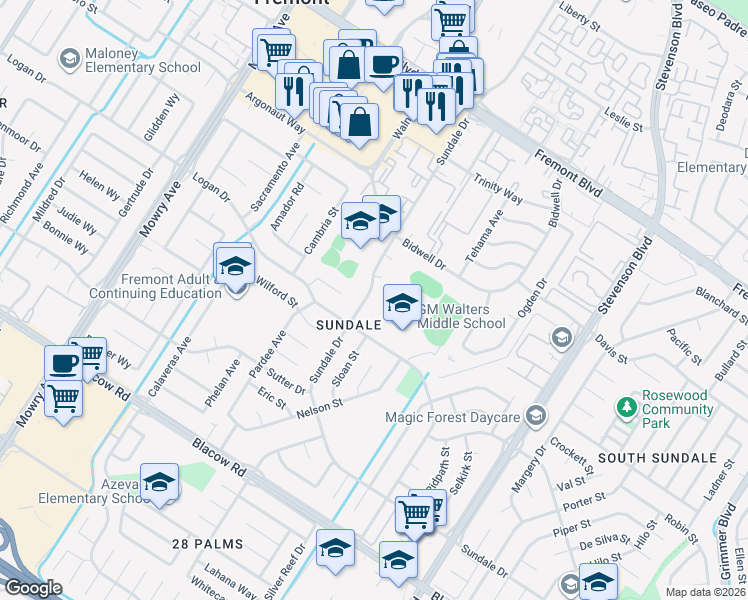 map of restaurants, bars, coffee shops, grocery stores, and more near 39600 Logan Drive in Fremont