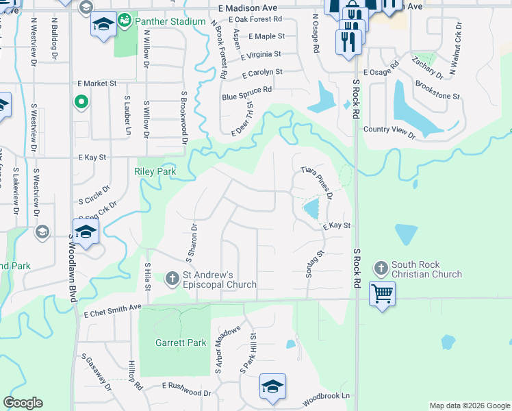 map of restaurants, bars, coffee shops, grocery stores, and more near 1500 East Cardinal Lane in Derby