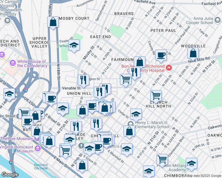 map of restaurants, bars, coffee shops, grocery stores, and more near 2305 Venable Street in Richmond