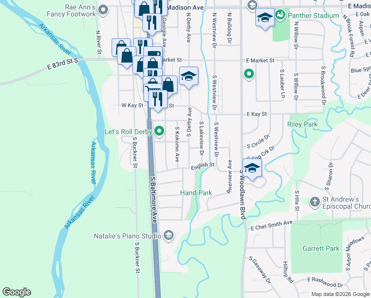 map of restaurants, bars, coffee shops, grocery stores, and more near 542 South Kokomo Avenue in Derby