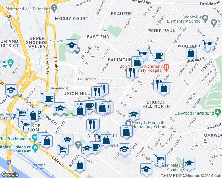 map of restaurants, bars, coffee shops, grocery stores, and more near 2313 Venable Street in Richmond