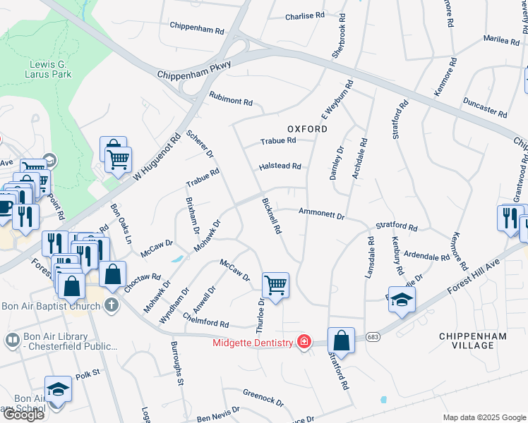 map of restaurants, bars, coffee shops, grocery stores, and more near 2900 Bicknell Road in Richmond