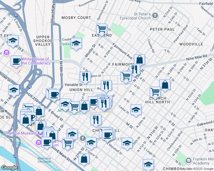 map of restaurants, bars, coffee shops, grocery stores, and more near 809 Jessamine Street in Richmond