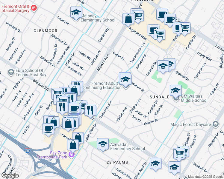 map of restaurants, bars, coffee shops, grocery stores, and more near 4714 Serra Avenue in Fremont