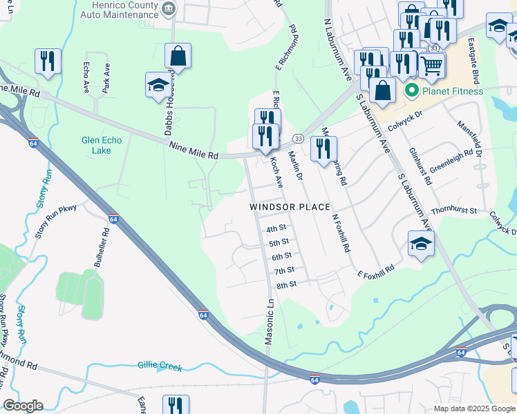 map of restaurants, bars, coffee shops, grocery stores, and more near 201 Masonic Lane in Richmond