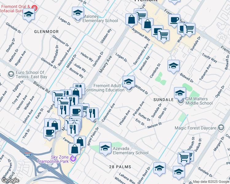 map of restaurants, bars, coffee shops, grocery stores, and more near 4714 Serra Avenue in Fremont