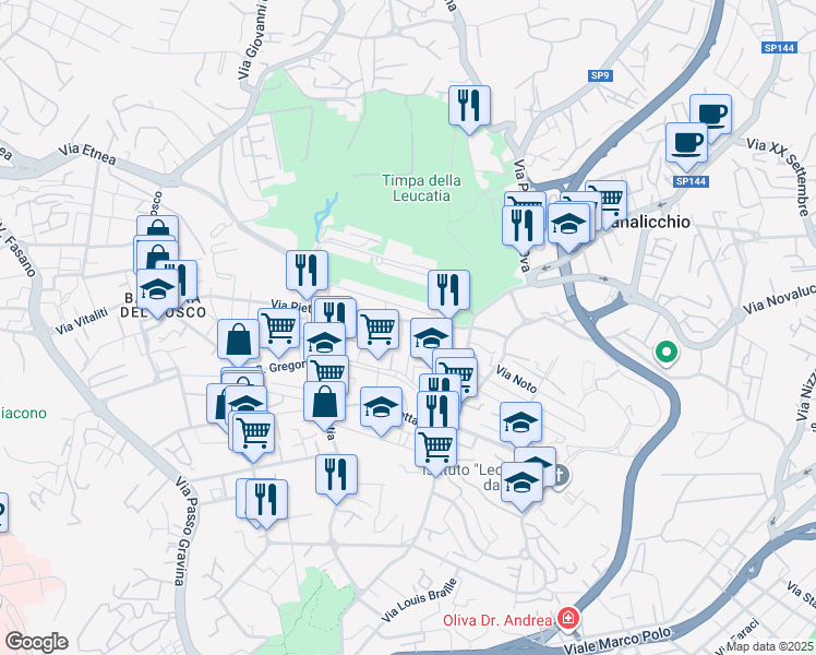 map of restaurants, bars, coffee shops, grocery stores, and more near 44 Via Puglia in Catania