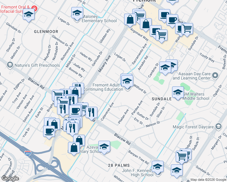 map of restaurants, bars, coffee shops, grocery stores, and more near 4714 Serra Avenue in Fremont