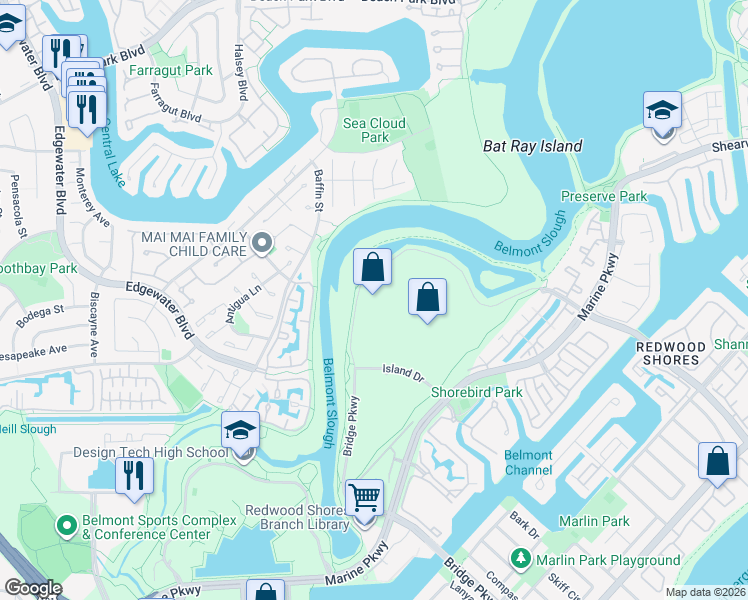 map of restaurants, bars, coffee shops, grocery stores, and more near 2000 Bridge Parkway in Redwood City