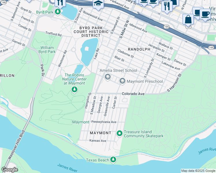 map of restaurants, bars, coffee shops, grocery stores, and more near 1821 Amelia Street in Richmond