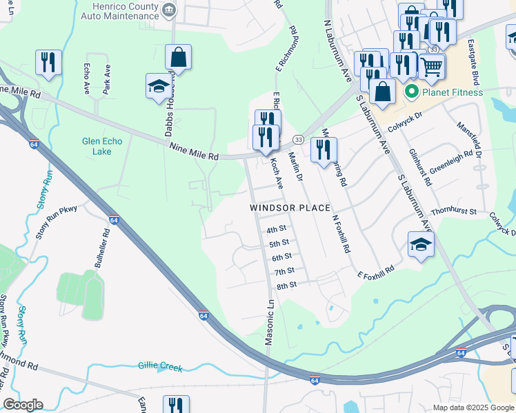 map of restaurants, bars, coffee shops, grocery stores, and more near 201 Masonic Lane in Richmond