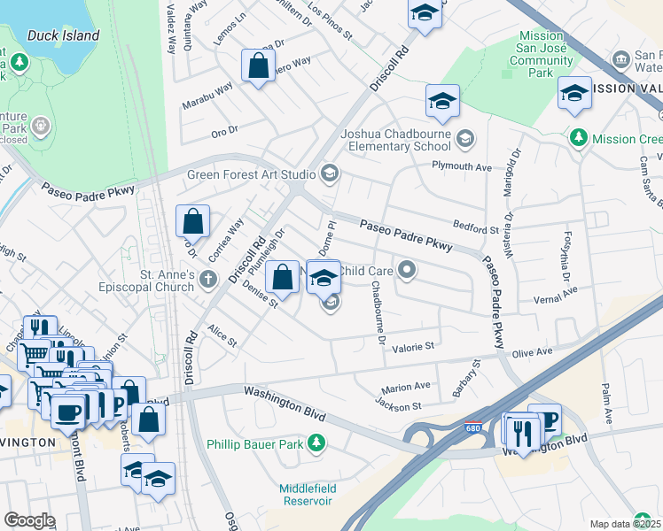 map of restaurants, bars, coffee shops, grocery stores, and more near 41519 Apricot Lane in Fremont