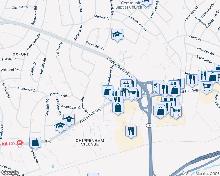 map of restaurants, bars, coffee shops, grocery stores, and more near 2751 Grantwood Road in Richmond
